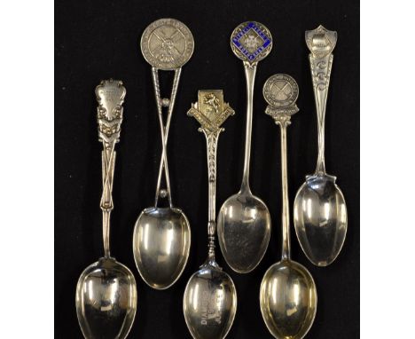 6x interesting early 20th century Golf Club silver and enamel teaspoons to include Wimbledon and South London golf club, Sit 