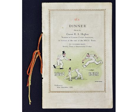 1932 Bodyline Cricket Dinner Menu in honour of the visit of the M.C.C. Team to commemorate Seventy Years of International Cri