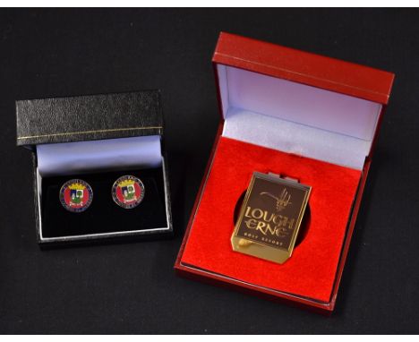 Open Golf St Andrews Collection - pair of enamel cuff links in the original case  and Lough Erne Golf Resort gilt money clip 
