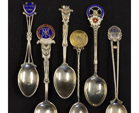 6x ornate and decorative Golf Club silver and enamel teaspoons - to incl Fulford York Golf Club, King's Own Regiment, Halesow