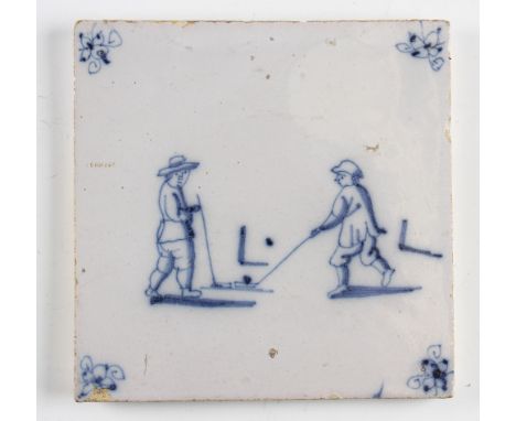 Early Dutch delft blue and white golf tile - hand painted with a Kolf scene - overall 5" x 5" (G).
