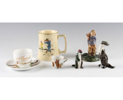 Collection of early golfing ceramics - 1920's earthenware spill vase 5.5"h, late Vic childs teddy bear cup, 1930's porcelain 