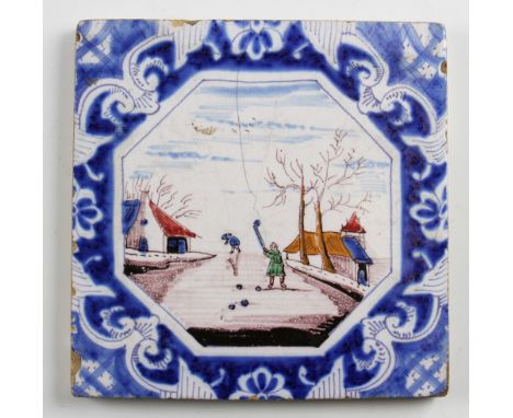 Early Dutch delft blue and white golf tile - hand coloured Kolf scene - some crazing and surface hairline marks overall 6" x 