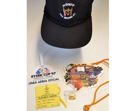 Collection of Ryder Cup golf players/caddie entrance tickets from 1983 onwards - 1983 PGA National Ryder Cup pin badge and ca