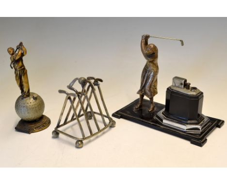 Collection of 3x various golf related metal ware items - Ronsons "Touch Tip" Art Deco style Pat table lighter c/w spelter fig