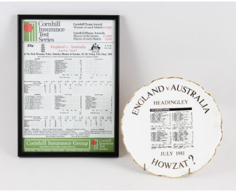 England v Australia Howzat? Cricket Ceramic Commemorative Plate Headingley July 1981 with printed scoreboard to centre, by Ro