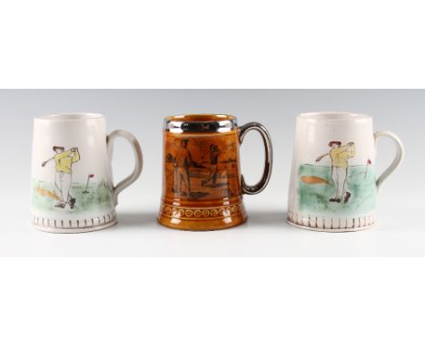 3x various golfing 1pt ceramic tankards to incl 2x Buchan Portobello Scotland and a Lord Nelson Pottery - each decorated with