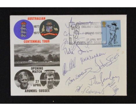 1977 Australian Centennial Tour Signed First Day Cover signed by England players Randall, Old, Cowdrey, Woolmer, Lever, Embur