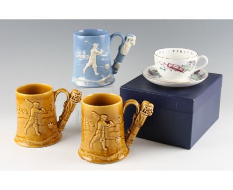 3x Dartmouth ceramic golfing tankards - to incl Blue and White stamped Dartmouth Devon Pottery to the base and 2x later light