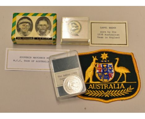 Group of Cricket Items including enamel lapel badge Australia XI in England 1938 by Schlank Adelaide worn by the 1938 Austral