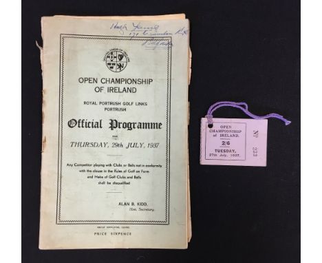 Scarce 1937 Open Golf Championship of Ireland official programme and tickets - played at Royal Portrush on Thursday 29th July