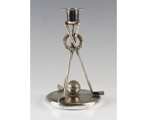Fine Mappin & Webb Princes silver plated golfing candlestick - comprising 3x golf clubs, guttie golf ball and laurel wreath -