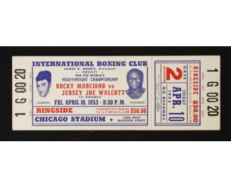 1953 Heavyweight Champion Rocky Marciano v Joe Walcott Ringside Boxing Ticket at Chicago Stadium date 10 April 1953 but was p