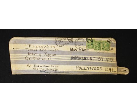 Boxing Autograph - 1934 Johnny Indrisano -appears sent to 'Max Baer Paramount Studio Hollywood Cal.' Signed on a blue and whi