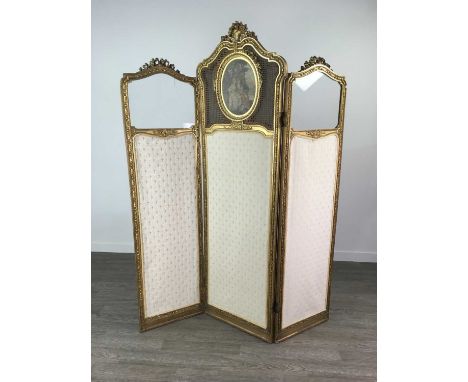 19TH CENTURY FRENCH GILTWOOD BOUDOIR SCREEN,with carved floral and ribbon surmounts above central rattan panel inset with lit
