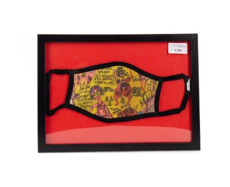 GRAYSON PERRY“WE SHALL CATCH IT ON THE BEACHES" FACE COVERING,framed and under glass,23cm x 32cm overall