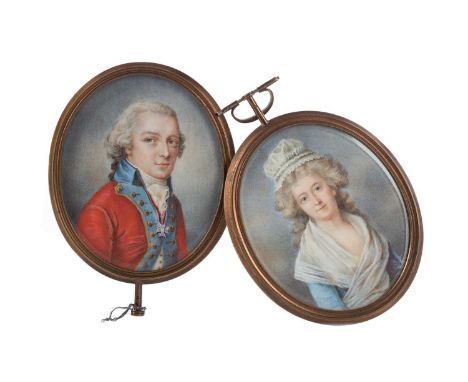 REGENCY ENGLISH SCHOOL,PAIR OF PORTRAIT MINIATURES OF AN OFFICER AND HIS WIFE,watercolour on ivory, unsigned,framed, under gl