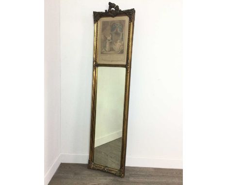 FRENCH GILTWOOD AND GESSO WALL MIRROR,with inset engraving titled 'Le Bain' above glass within moulded border featuring folia