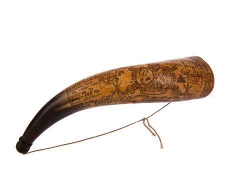 19TH CENTURY BRITISH SOUTH AFRICA MILITARY INTEREST HUNTING HORN,profusely engraved throughout '45th Regiment [The Sherwood F