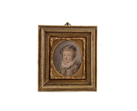 19TH CENTURY WATERCOLOUR PORTRAIT MINIATURE,a young boy wearing hat and coat with silk collar, apparently unsigned, the image