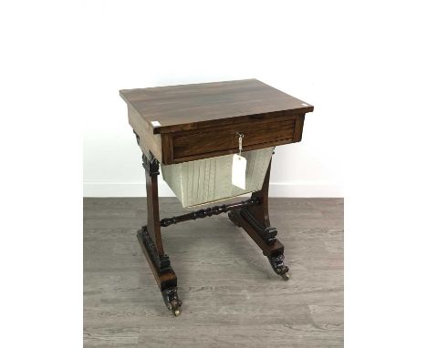 GEORGE IV ROSEWOOD SEWING TABLE,with single drawer above pleated bag to stretchered shaped supports on whorl feet to castors,