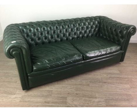 GREEN LEATHER BUTTON BACK CHESTERFIELD SETTEE,on castors, approximately 183cm wide