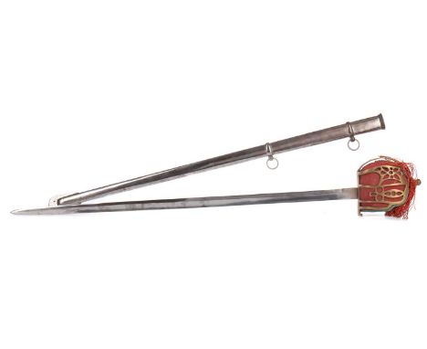REPLICA SCOTTISH BASKET HILT DRESS SWORD,the pierced brass hilt with cloth insert and tassles, housed in two-ring scabbard, 1