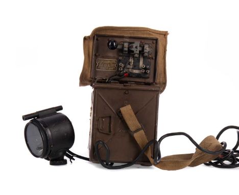 WWII MILITARY MORSE CODE DEVICE,in galvanised canvas mounted case also housing signalling lamp stamped J. L. L. Ltd, along wi