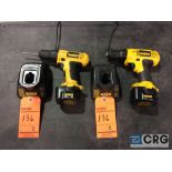 Lot of (2) DeWalt DC727 3/8 inch VSR cordless drill / driver with chargers