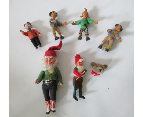 A collection of Steiff characters, comprising four Max & Moritz dolls (one a celluloid example) 4" long, two larger gnome dol