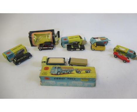 Corgi 223 Chevrolet Police car, 150 Vanwall race car, Austin Taxi, 408 AA van, G11 E.R.F. lorry and platform trailer and 294 