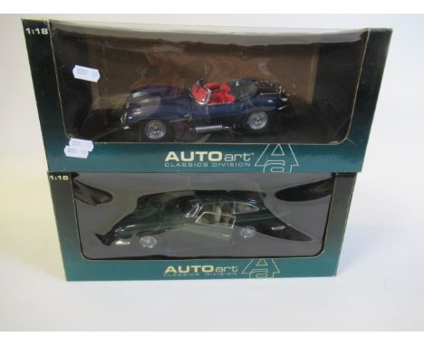 Auto Art 1:18 scale Aston Martin in green and Jaguar XKSS in blue, boxed, E (Est. plus 21% premium inc. VAT)