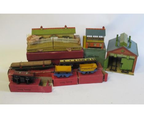 Horny Series No 24 Station Ripon, boxed, No 25 Signal Box, lamp holder missing, boxed, No 1 Engine Shed, some rusting to roof