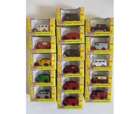 Pocketbond Classix 1:76 vehicles comprising eleven Morris J vans, four Ford Thames vans and Austin Taxi, all items boxed, M (