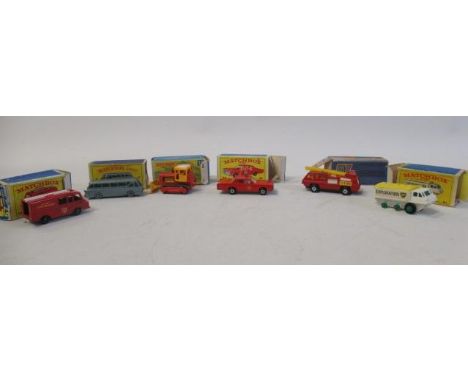 Six Matchbox cars comprising sixteen Bulldozer, 22 Blaz Buster, 40 Long Distance Coach, 57 fire Engine and 6 BP Exploration (