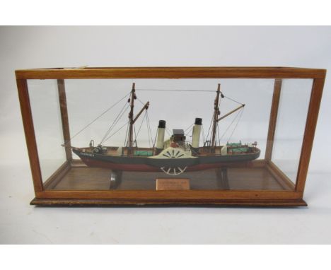 An approximate 1:50 scale model of the steam paddle ship S.S. Cornubia from 1858, in glass display case, 60cm x 20cm x 30cm, 