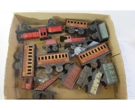 Brimtoy playworn rolling stock including clockwork locomotive and wagons, P (Est. plus 21% premium inc. VAT)