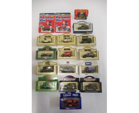 Twelve Lledo Days Gone Vintage Vans including B.B.C. War Time radio van, Rowntree's Jellies and ERTL Postman Pat vans, all it