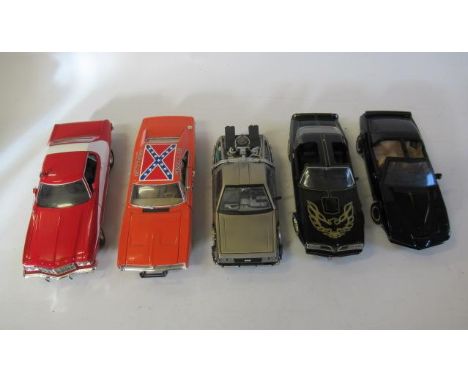 Five unboxed large scale 1:18 cars comprising Starsky and Hutch Grand Torino, General Lee Dodge, Back to the Future Delorean,