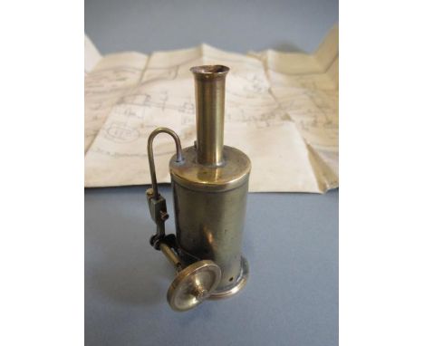 Miniature stationary steam engine Jenny Wrenn built from Tubal Cain plans, brass construction with engineering drawings (Est.