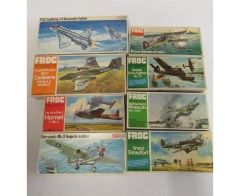 Vintage Frog plastic Aircraft Kits comprising BAC Canberra, de Havilland MK3 Hornet, Barracuda MK11, Fairey Swordfish MK1, Br
