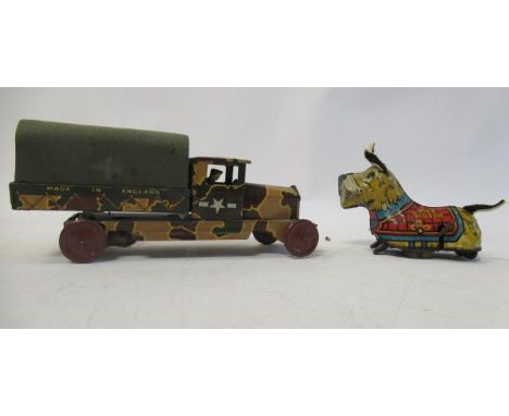 Wells Brimtoy clockwork army truck with camouflage finish, non-original, transfer applied to doors, F-G, and a Marx Wee Scott