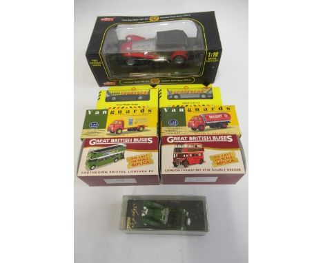 Eight diecast vehicles by Vanguards, Atlas and others including Heinz van, London Bus and 1:18 scale Lotus Super Seven, all i