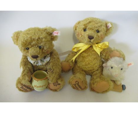 Three Steiff Cherished Teddies, comprising one bear with a ceramic honey pot, one in straw hat and another with a toy lamb, a