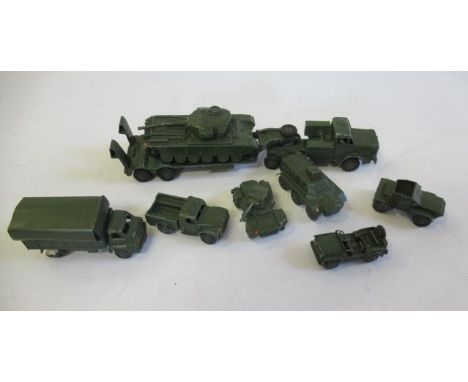 Unboxed Dinky army vehicles including tank and tank transporter, some damage, F-P (Est. plus 21% premium inc. VAT)