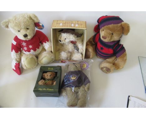 Five collectors edition bears, comprising a Chad Valley 100th Anniversary of the Teddy Bear, Harrods' 2004, Harrods' 2008, Ho