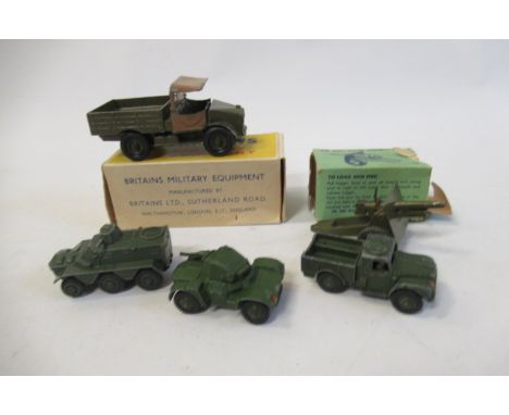 Britains Beetle Army Lorry, some damage and paint loss, boxed F, a 25pdr gun, box AF and three Dinky army vehicles, F-P (Est.