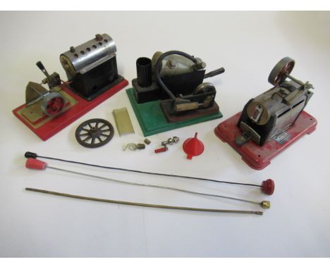 Three playworn stationary steam engines comprising Mamod SE1 Mamod/Meccano and scratch build single cylinder oscillating engi