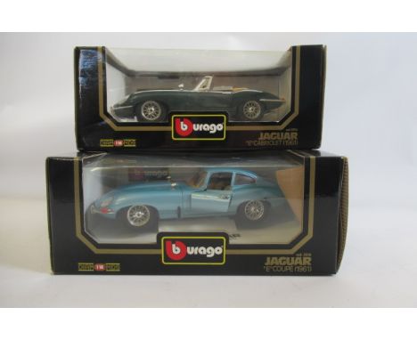 Two Burago 1:18 scale Jaguar E Type 1961, blue coupe and green cabriolet, boxed, F-E (Est. plus 21% premium inc. VAT)