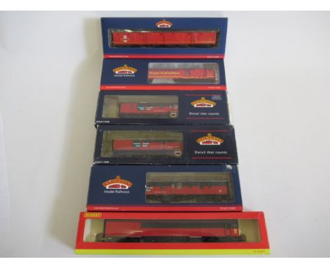 Bachmann and Hornby Post Office vehicles comprising three Rail Express Parcel vans, Mail Sorting van, Royal Mail Post van and